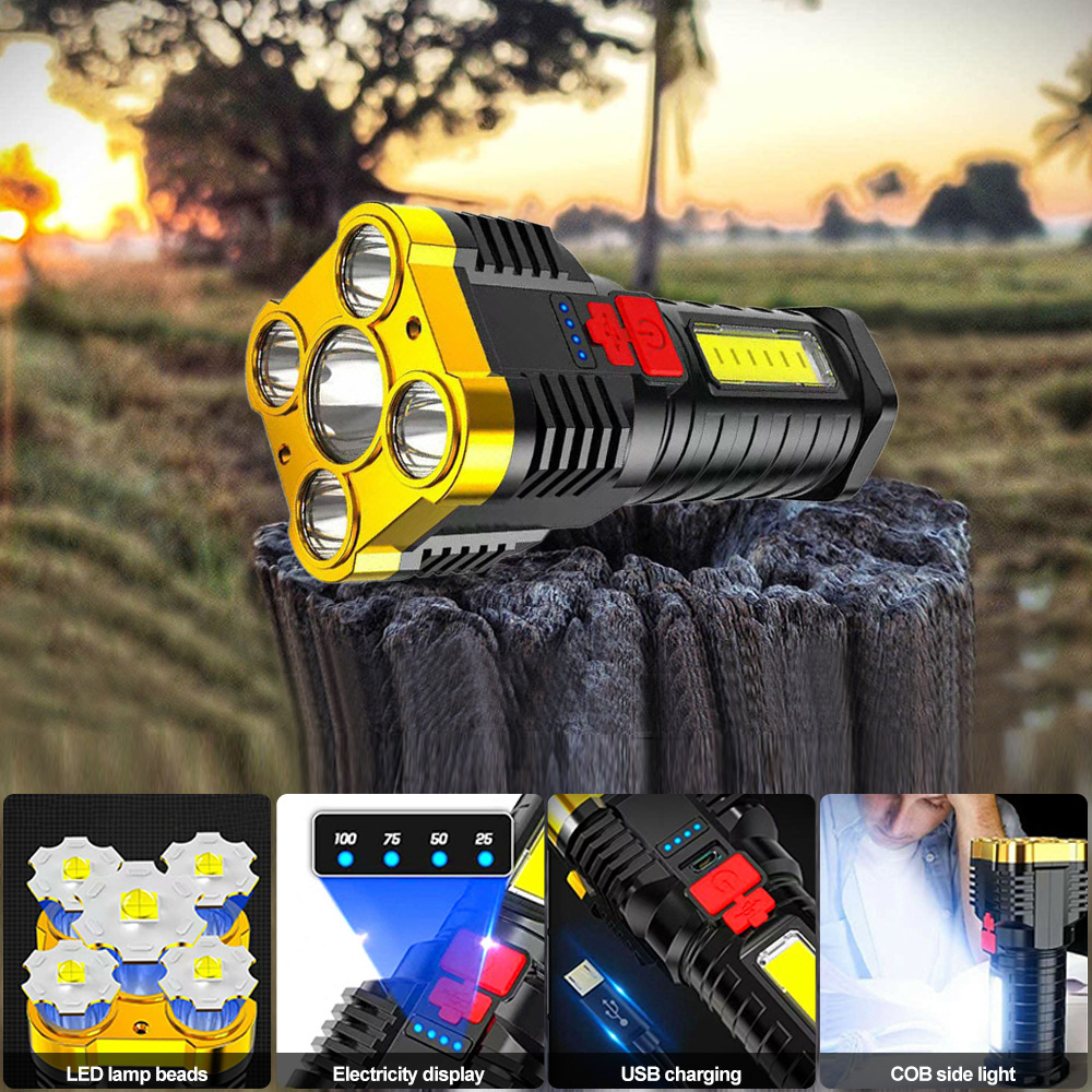 High Power LED Flashlight with 5 Led and COB Side Light Rechargeable