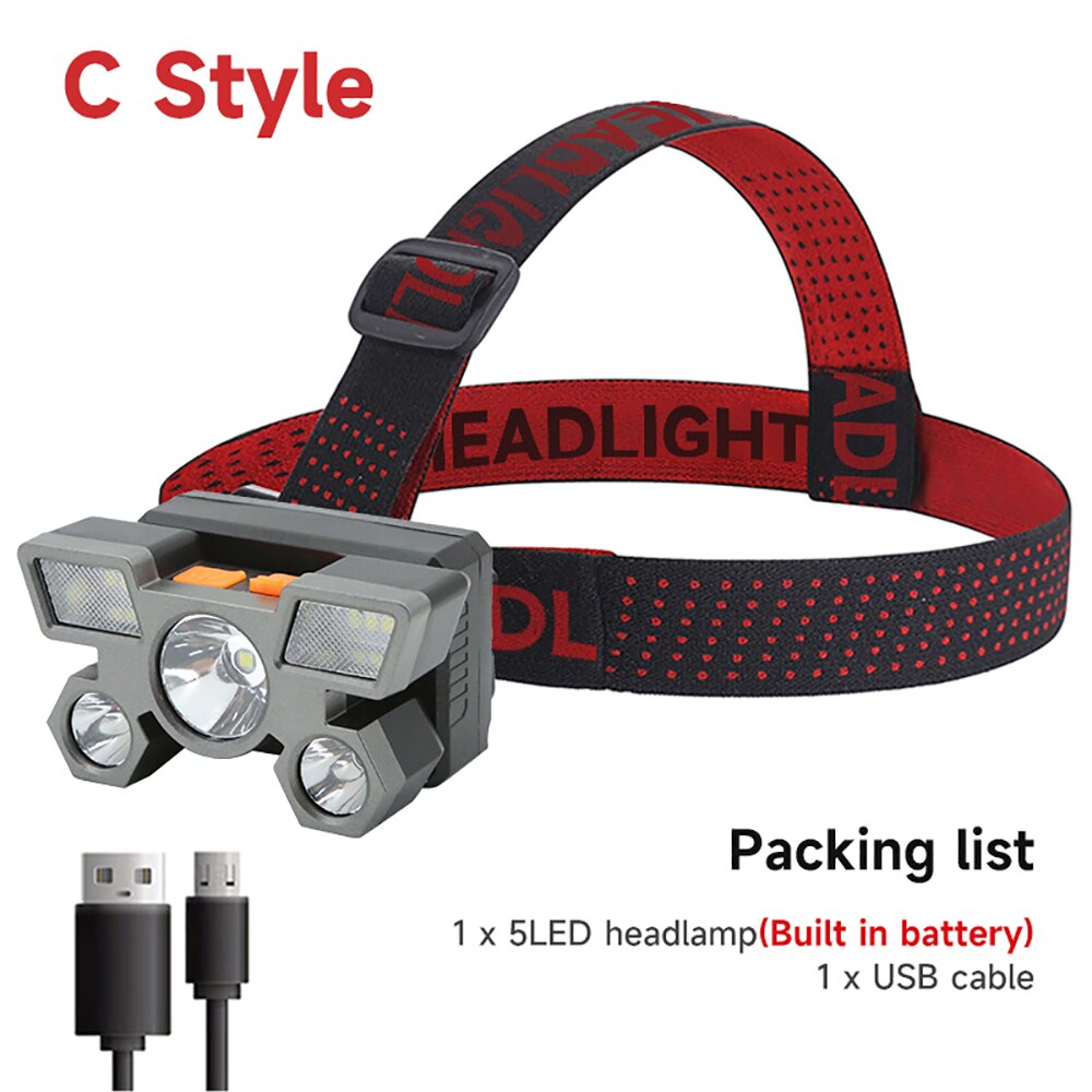Powerful 5 LED Headlamp Rechargeable with Built in 18650 Battery