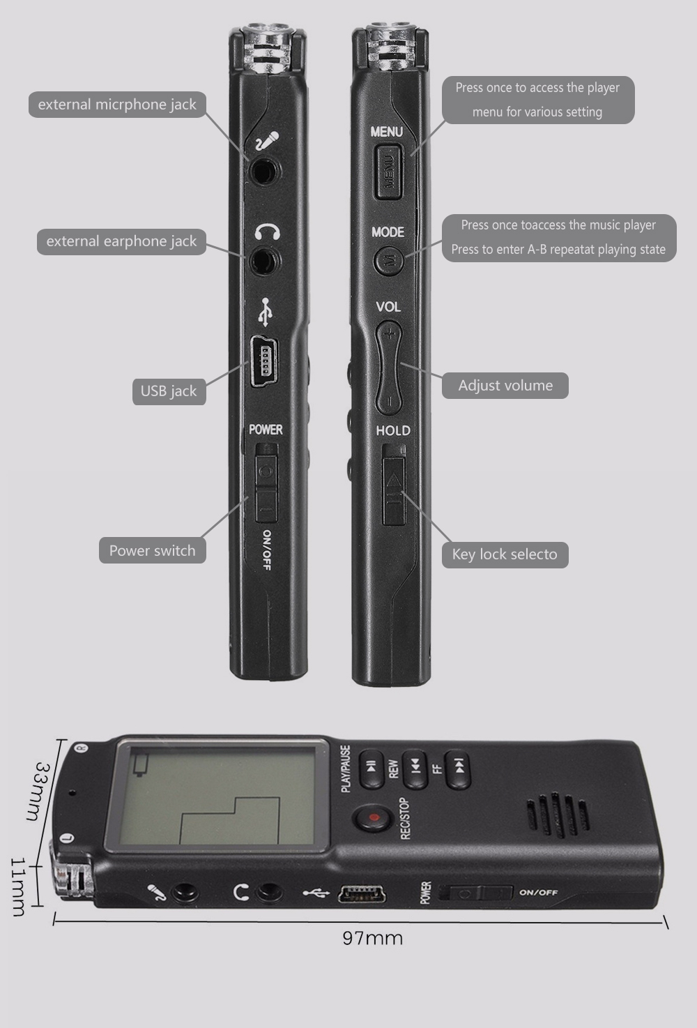 Professional EVP Voice Recorder With VAR/VOR Built-in Microphone