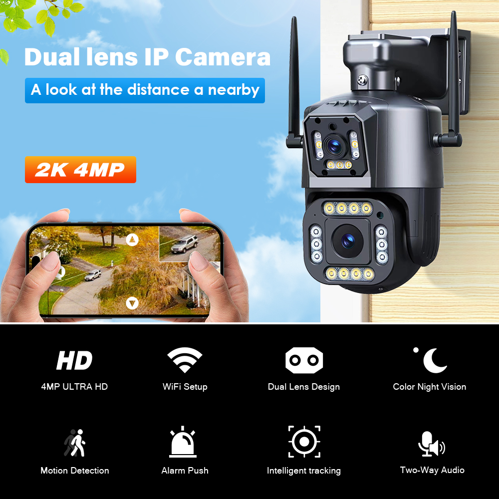 2K 4MP Dual-Lens IP WiFi Camera PTZ Outdoor  Video CCTV  Color Night Vision  Surveillance Security Camera System