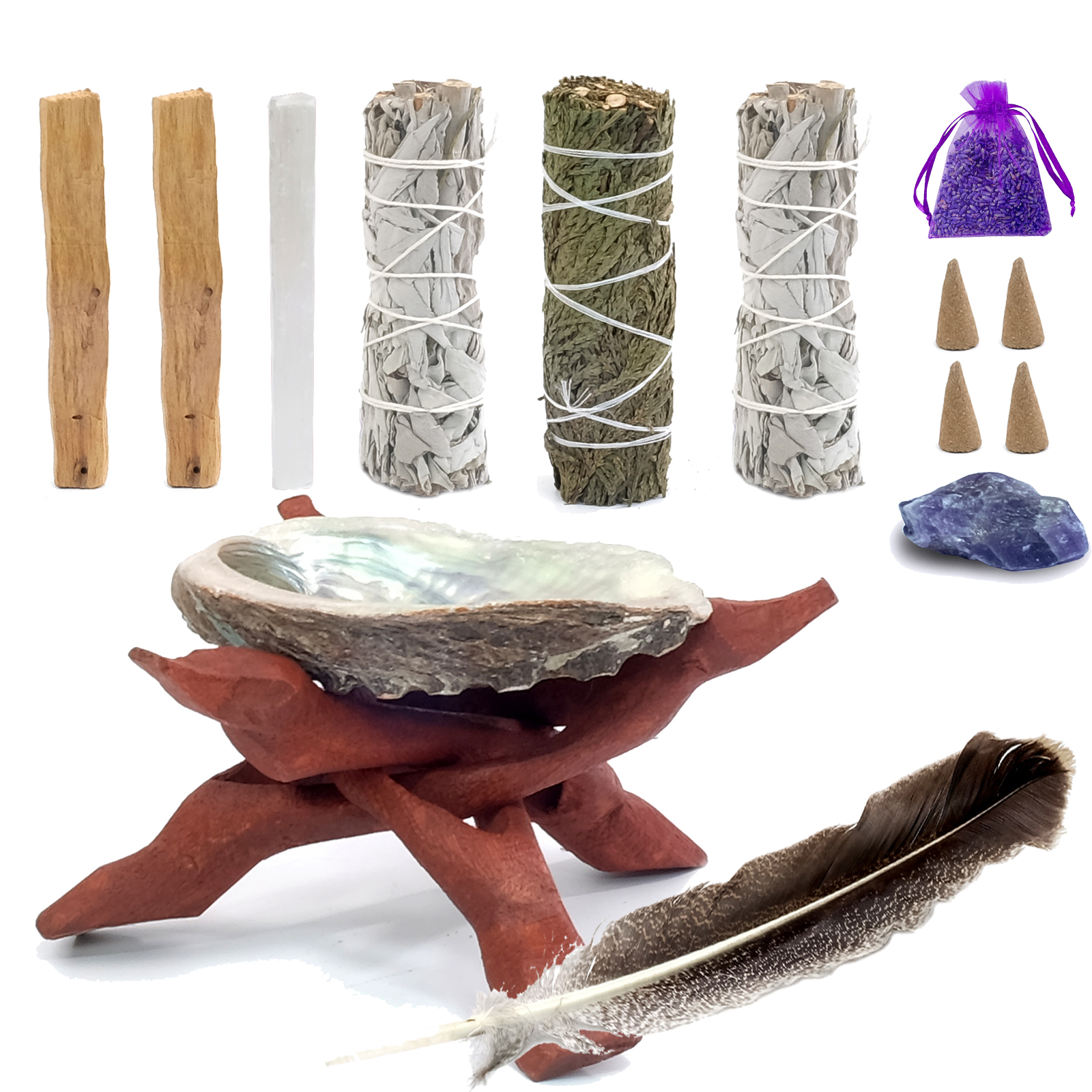 Sage Smudge Kit - 3 White Sage Sticks, 2 Palo Santo Sticks, Abalone Shell, Stand, Sage Cedar Cone Incense Sticks crystal stone